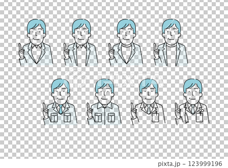 Illustration material: Simple line drawing of a man in his 40s or 50s wearing a jacket, work clothes, and white coat Illustration material: Simple line drawing of a man in his 40s or 50s wearing a jacket, work clothes, and white coat 123999196