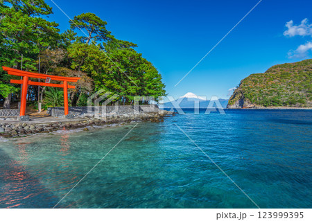 諸口神社　駿河湾と富士山と鳥居　「沼津市戸田」 123999395