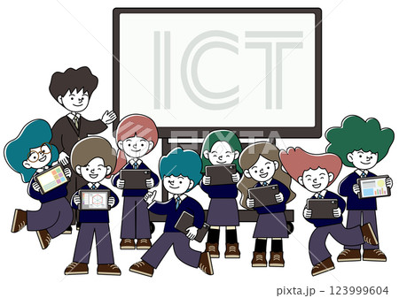 大型モニターのある教室で先生と生徒がタブレット学習をしているICT教育のベクターイラスト 123999604