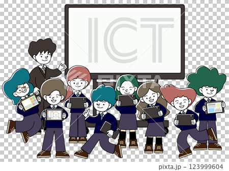 大型モニターのある教室で先生と生徒がタブレット学習をしているICT教育のベクターイラスト 123999604