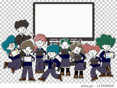 ICT 教育的向量插圖，其中老師和學生在配有大顯示器的教室中使用平板電腦學習 123999606