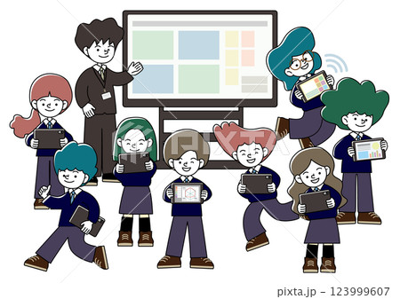 大型モニターのある教室で先生と生徒がタブレット学習をしているICT教育のベクターイラスト 123999607