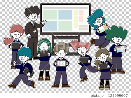 大型モニターのある教室で先生と生徒がタブレット学習をしているICT教育のベクターイラスト 123999607