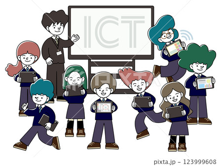 大型モニターのある教室で先生と生徒がタブレット学習をしているICT教育のベクターイラスト 大型モニターのある教室で先生と生徒がタブレット学習をしているICT教育のベクターイラスト 123999608