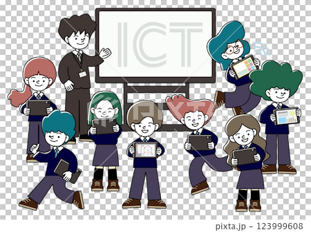 大型モニターのある教室で先生と生徒がタブレット学習をしているICT教育のベクターイラスト 大型モニターのある教室で先生と生徒がタブレット学習をしているICT教育のベクターイラスト 123999608