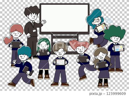 ICT 教育的向量插圖，其中老師和學生在配有大顯示器的教室中使用平板電腦學習 123999609