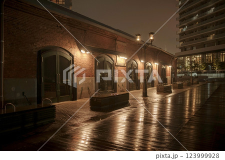 雨降る神戸港の夜景・神戸煉瓦倉庫 雨降る神戸港の夜景・神戸煉瓦倉庫 123999928