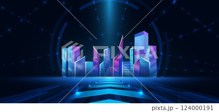 Futuristic glowing night cityscape on dark blue background with lighting effect and sparkle. City landscape. Futuristic glowing night cityscape on dark blue background with lighting effect and sparkle. City landscape. 124000191