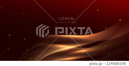 Luxry red curved lines and gold wave lines on dark red background and lighting effect sparkle. 124000198