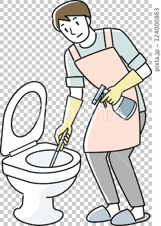 トイレを掃除するエプロンを着けた男性 トイレを掃除するエプロンを着けた男性 124000863