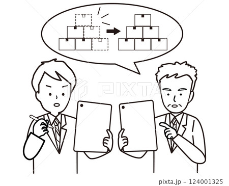 タブレットで在庫管理の打合せをする男性二人 124001325