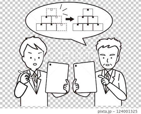 Two men discussing inventory management using a tablet 124001325