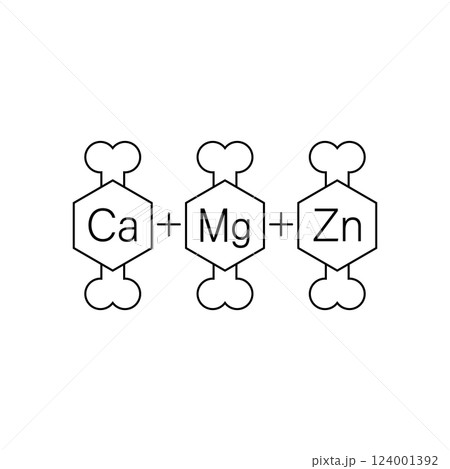 Calcium, magnesium and zinc vitamins for bones. Ca, Mg, Zn set. Vector clipart and drawing. Isolated illustration on white background. 124001392