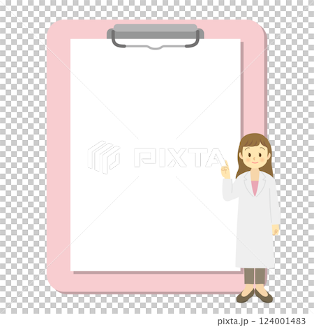 A frame of a medical record with copy space pointed by a young female doctor (pink, obstetrics and gynecology, psychiatry, cosmetic dermatology) 124001483