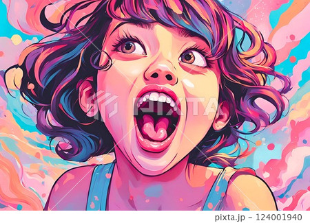 カラフルな色彩で大きな口を開けている女の子 124001940