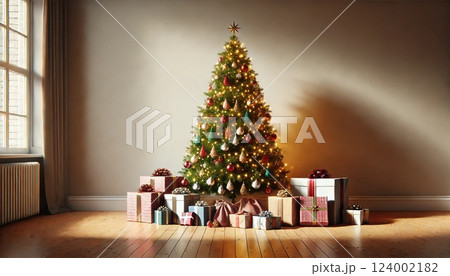暖かく彩られたクリスマスツリーとプレゼント 124002182
