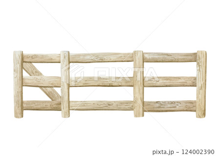 Wooden farm fence with gate watercolor illustration isolated on white background. Rustic countryside drawing of outdoor village decor. Old simple boundary 124002390
