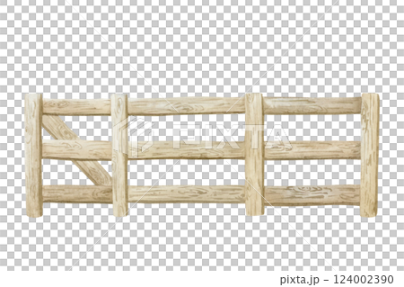 Wooden farm fence with gate watercolor illustration isolated on white background. Rustic countryside drawing of outdoor village decor. Old simple boundary 124002390