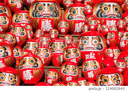 Stack of big Daruma dolls on shelf decor at Katsuoji temple, Minoh 124002643
