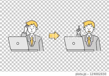 Vector illustration of a male office worker solving questions and worries on a computer Simple Salaryman Business person 124002830