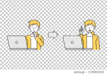 簡單的向量插圖，描繪一位女性辦公室職員/商務人士在電腦上工作時解決疑慮和憂慮 124002831