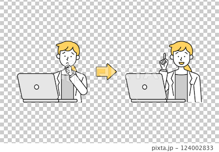 Simple vector illustration of a female doctor or professor solving questions and problems while working on a computer Simple vector illustration of a female doctor or professor solving questions and problems while working on a computer 124002833
