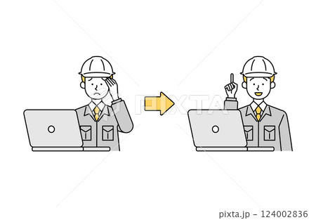 パソコン作業で疑問・悩みが解決する男性作業員のベクターイラスト シンプル パソコン作業で疑問・悩みが解決する男性作業員のベクターイラスト シンプル 124002836