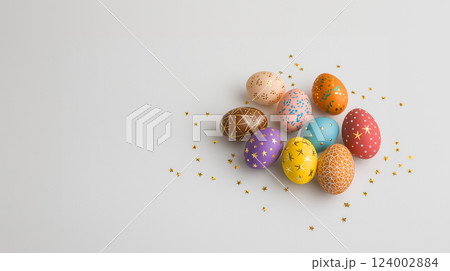 Top View of Colorful Easter Eggs with Gold Sprinkles Top View of Colorful Easter Eggs with Gold Sprinkles 124002884