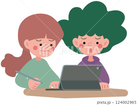 タブレット端末でグループワークをするこどもたちのベクターイラスト 124002965