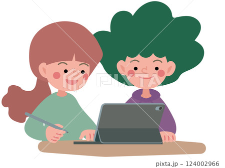 タブレット端末でグループワークをするこどもたちのベクターイラスト 124002966