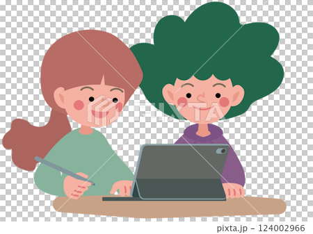 タブレット端末でグループワークをするこどもたちのベクターイラスト 124002966