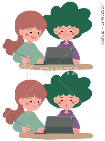 タブレット端末でグループワークをするこどもたちのベクターイラスト 124002967