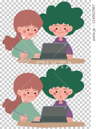 タブレット端末でグループワークをするこどもたちのベクターイラスト 124002967