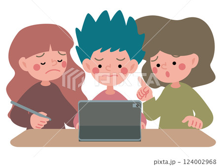 タブレット端末でグループワークをするこどもたちのベクターイラスト 124002968