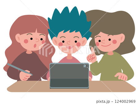 タブレット端末でグループワークをするこどもたちのベクターイラスト タブレット端末でグループワークをするこどもたちのベクターイラスト 124002969