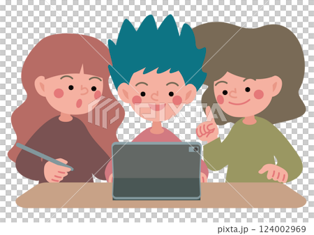 タブレット端末でグループワークをするこどもたちのベクターイラスト タブレット端末でグループワークをするこどもたちのベクターイラスト 124002969