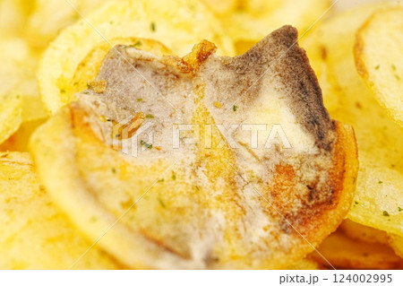rotten potato chips. potato chips with spices. close up. 124002995