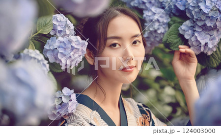 紫陽花と着物を着た若い女性。アジサイの花に埋もれた女性のポートレート 124003000