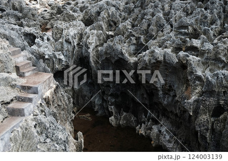 Ancient concrete stair and path for hike on rocky cliff and grand stone mountain in sea and river of Bali, Indonesia Ancient concrete stair and path for hike on rocky cliff and grand stone mountain in sea and river of Bali, Indonesia 124003139