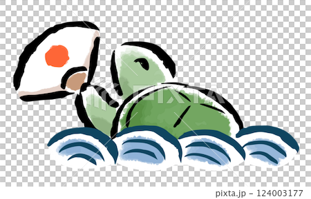 A turtle popping out of the waves and celebrating with a fan - hand-drawn illustration with a brush stroke A turtle popping out of the waves and celebrating with a fan - hand-drawn illustration with a brush stroke 124003177