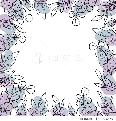 Violet floral frame for wedding or greeting card, hand drawn eucalyptus leaves 124003275