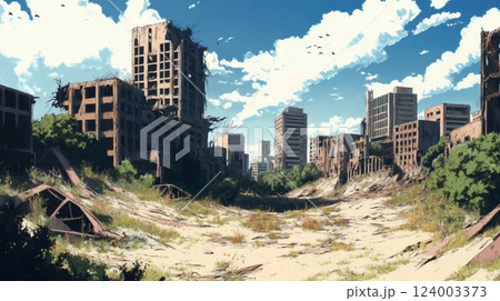 荒廃した未来都市の幻想的な風景イラスト 荒廃した未来都市の幻想的な風景イラスト 124003373