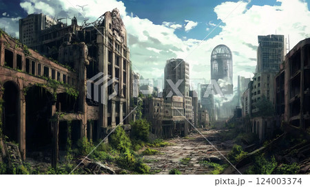 荒廃した未来都市の幻想的な風景イラスト 荒廃した未来都市の幻想的な風景イラスト 124003374