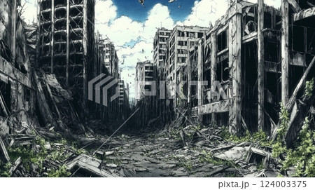 荒廃した未来都市の幻想的な風景イラスト 124003375