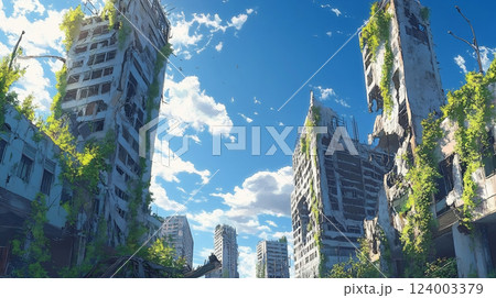荒廃した未来都市の幻想的な風景イラスト 124003379