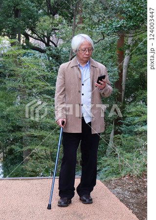 散歩中にスマホを見るシニア 124003447