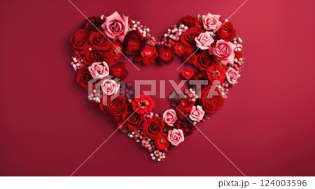 heart shape rose ranunculus buttercup frame red background, ai 124003596