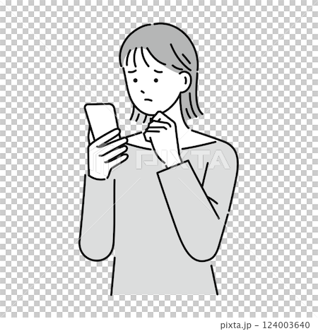 A woman with a troubled face operating a smartphone A woman with a troubled face operating a smartphone 124003640