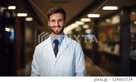 male doctor wearing labcoat standing and smiling 124003734
