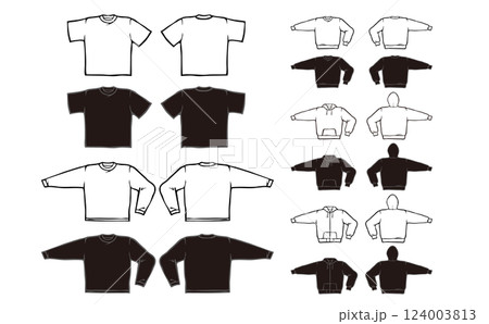 手描きのTシャツ、トレーナー、パーカーのイラストセット 手描きのTシャツ、トレーナー、パーカーのイラストセット 124003813